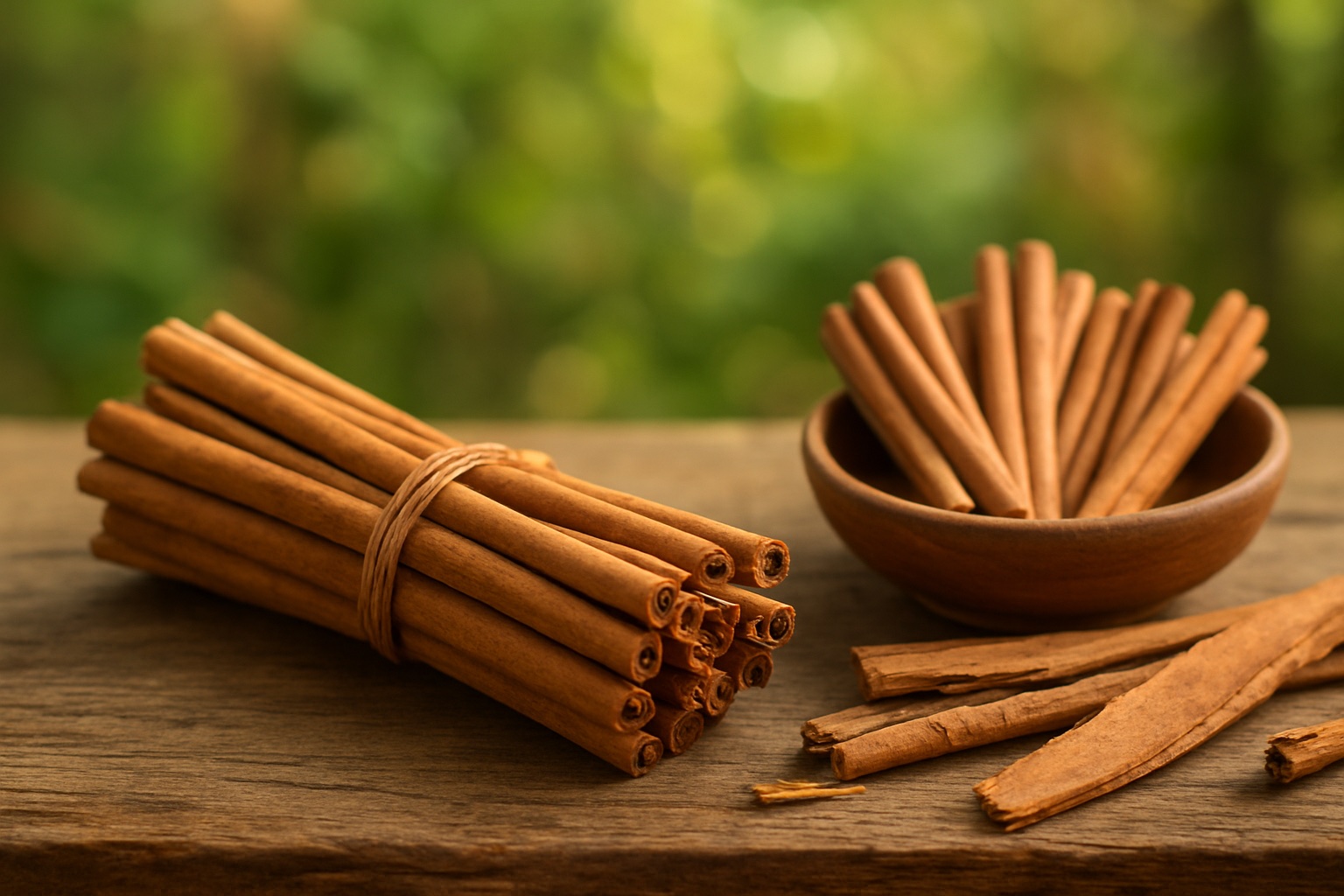 Ceylon cinnamon quills arranged on a timber table