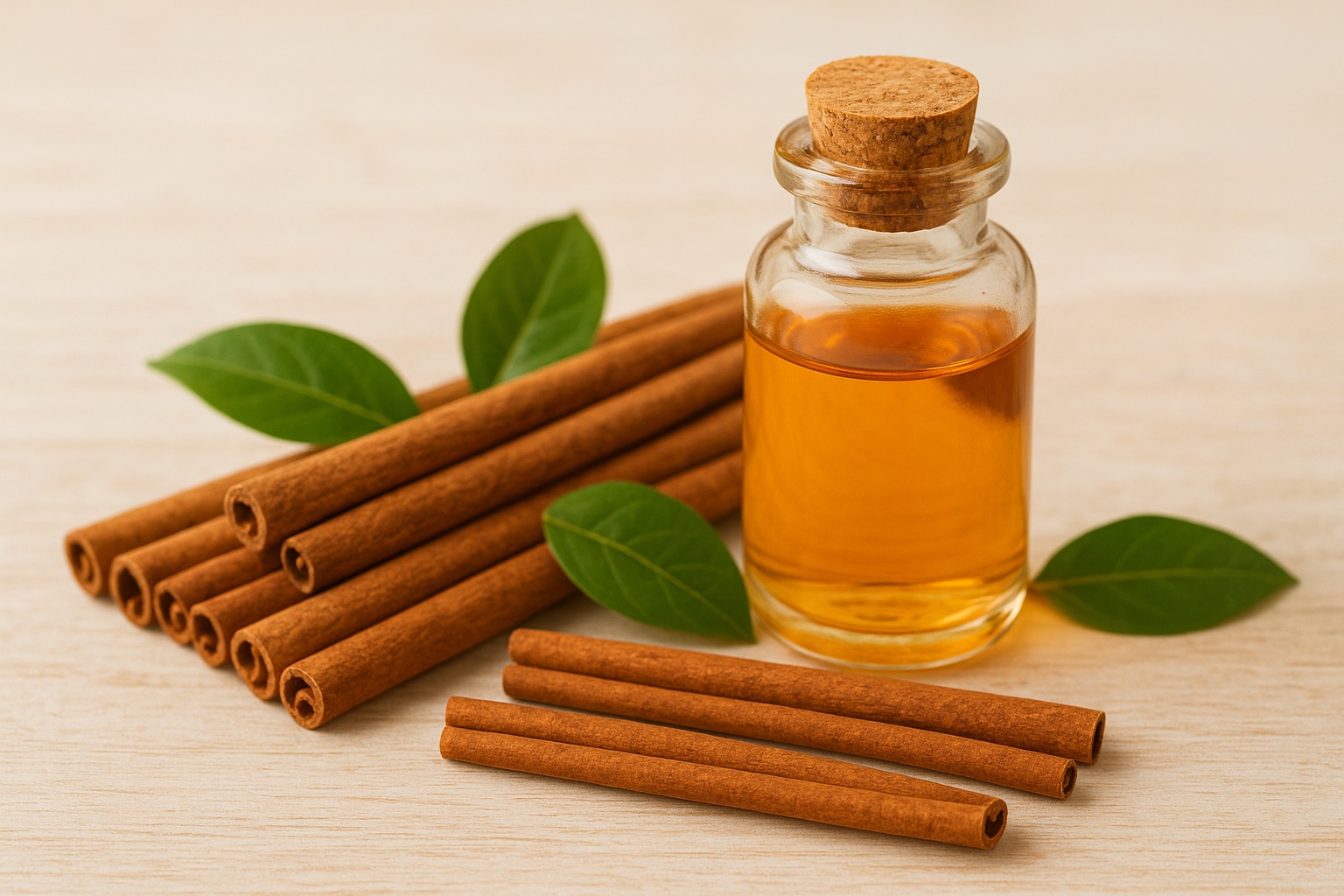 Ceylon cinnamon oil in a glass bottle